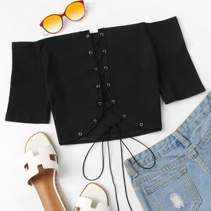 Off Shoulder Lace Up Crop Top